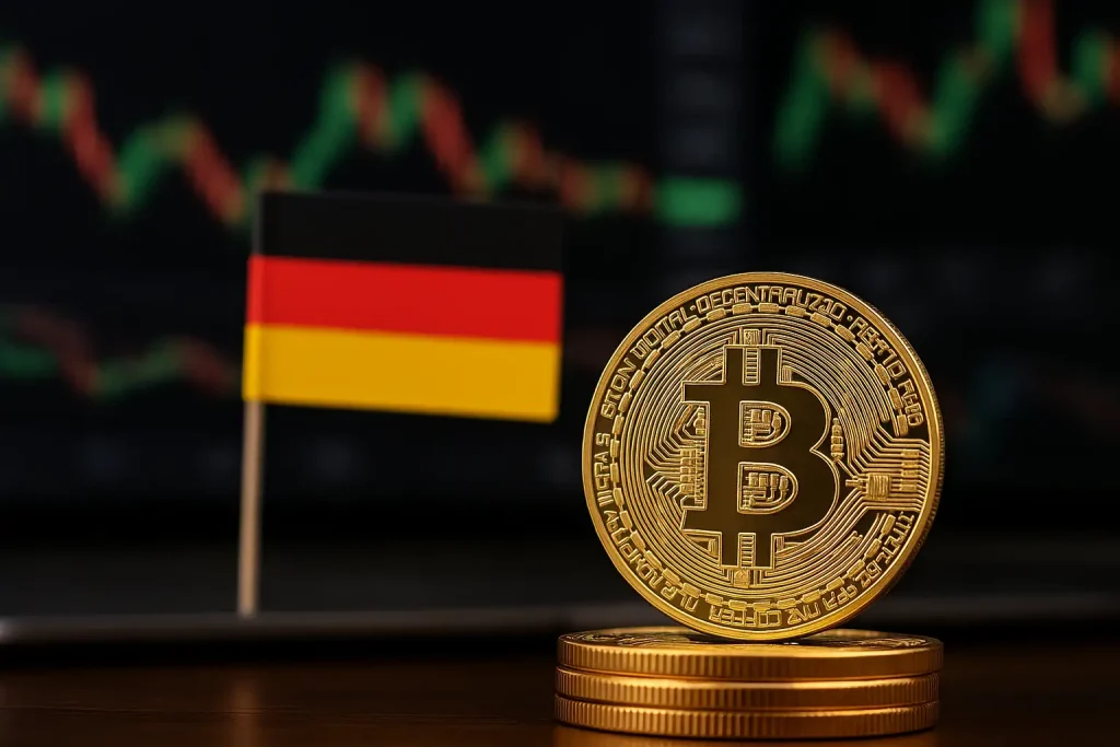 Goldene Bitcoin-Münze vor deutscher Flagge und Kurscharts, Darstellung der neuen Regulierung für Kryptowährungen in Deutschland.