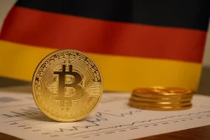 Goldene Bitcoin-Münze im Vordergrund mit deutscher Flagge und Finanzdiagrammen im Hintergrund, Symbol für Kryptowährungen unter Regulierung in Deutschland.
