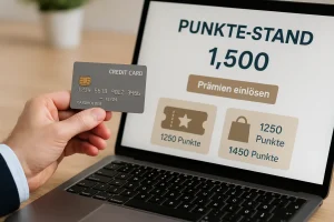 Realistische Szene eines Mannes mit Kreditkarte, die Nutzung von Treueprogramme mit Kreditkarten in Deutschland symbolisierend.