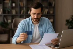 Mann am Schreibtisch mit Laptop, Kreditkarte und Finanzunterlagen, der seinen Schufa-Score in Deutschland überprüft.