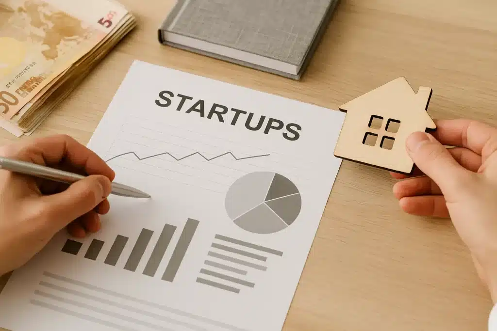 Investitions-Crowdfunding mit Euro-Banknoten, Diagrammen und Symbolen für Startups auf einem modernen Schreibtisch.