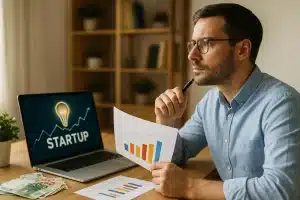 Investitions-Crowdfunding in Deutschland, ein Investor analysiert Diagramme und Euro-Geldscheine neben einem Laptop im Büro.