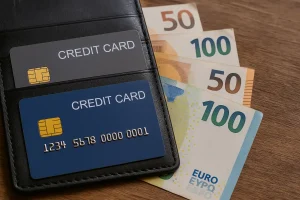 Nahaufnahme eines Lederportemonnaies mit Kreditkarten und Euro-Banknoten, Darstellung der Wahl zwischen Vollzahlung und Ratenzahlung von Kreditkarten in Deutschland.