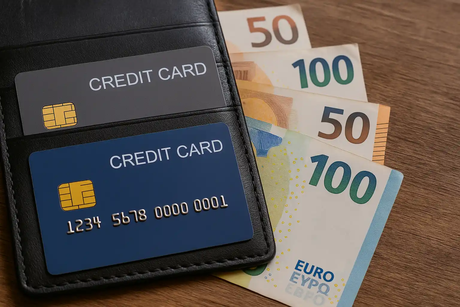 Nahaufnahme eines Lederportemonnaies mit Kreditkarten und Euro-Banknoten, Darstellung der Wahl zwischen Vollzahlung und Ratenzahlung von Kreditkarten in Deutschland.
