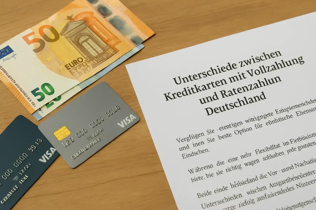 Realistische Darstellung von Kreditkarten auf einem Holztisch mit Euro-Scheinen, Symbol für Unterschiede zwischen Vollzahlung und Ratenzahlung von Kreditkarten in Deutschland.