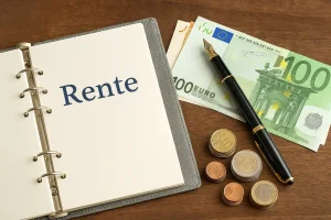 Realistische Darstellung von Euro-Banknoten, Münzen und Notizbuch als Symbol für in die Rente investieren in Deutschland.