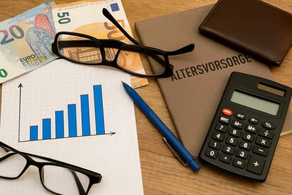 Finanzunterlagen mit Diagramm, Rechner und Euro-Geldscheinen als visuelle Metapher für in die Rente investieren und Altersvorsorge.