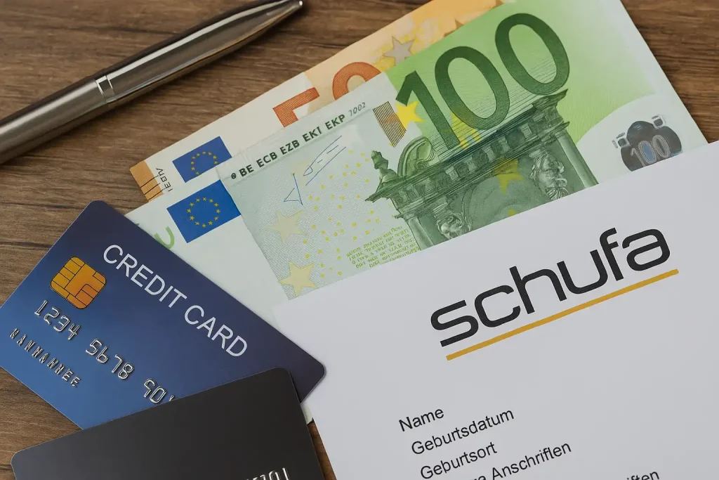 Detailaufnahme von Kreditkarten, Euro-Banknoten und Dokumenten auf einem Tisch als Symbol für Schufa-Score und Finanzen.
