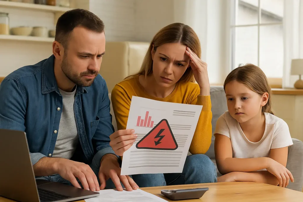 Familie in Deutschland überprüft Energieabrechnungen zu den steigenden Energiekosten in Deutschland 2025 in ihrem Wohnzimmer.