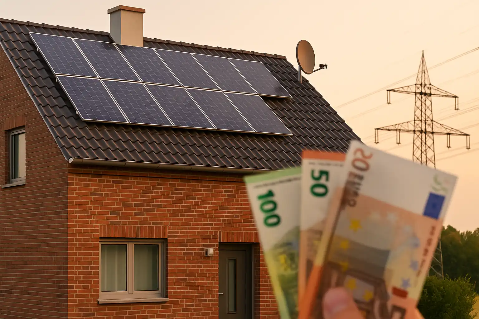 Modernes deutsches Haus mit Solarpaneelen und Wärmepumpe als nachhaltige Antwort auf die Energiekosten in Deutschland 2025.
