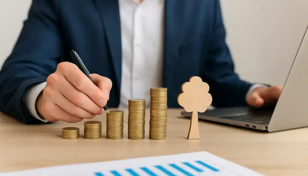 Ein deutscher Investor ordnet Münzen und symbolisiert das Wachstum von Sozialimpact-Fonds im nachhaltigen Investmentmarkt.