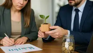 Zwei deutsche Fachleute analysieren Projekte nachhaltiger Sozialimpact-Fonds in einem modernen Büro mit Fokus auf Umwelt und soziale Wirkung.