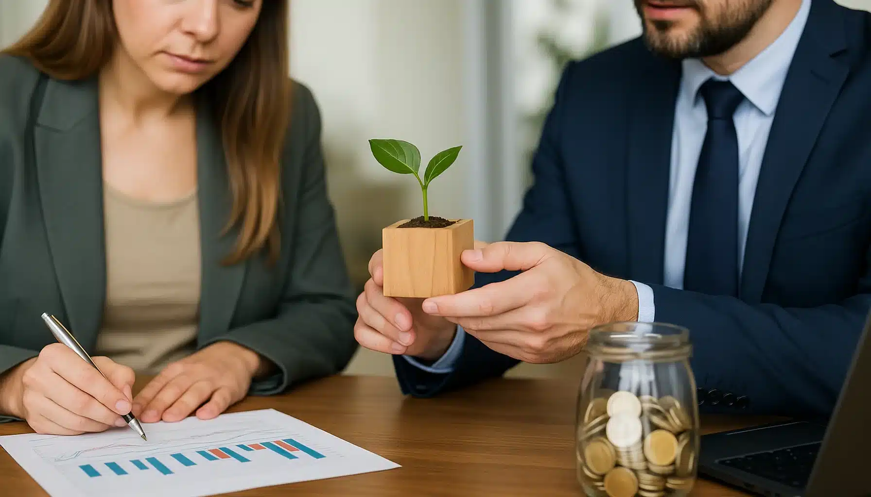 Zwei deutsche Fachleute analysieren Projekte nachhaltiger Sozialimpact-Fonds in einem modernen Büro mit Fokus auf Umwelt und soziale Wirkung.