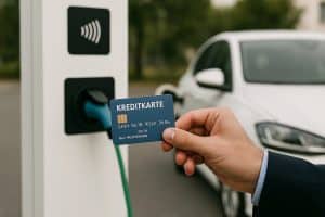 Eine Hand hält eine blaue Kreditkarte vor einer Ladestation für Elektrofahrzeuge, während im Hintergrund ein weißes Auto angeschlossen ist. Die Szene zeigt den Bezahlvorgang mit einer kontaktlosen kreditkarte an einer modernen Ladesäule und vermittelt den Eindruck von technologischer Effizienz und nachhaltiger Mobilität.