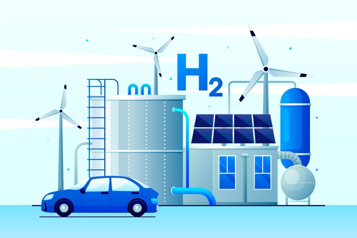 Moderne Illustration einer Wasserstoffanlage mit Windrädern, Solarpaneelen, Tanks und einem blauen Auto im Vordergrund. Das H₂-Symbol zeigt den Fokus auf Wasserstoff als saubere Energiequelle. Die Darstellung betont den technologischen Fortschritt und die Integration erneuerbarer Energien in die Mobilität und Energieproduktion der Zukunft.