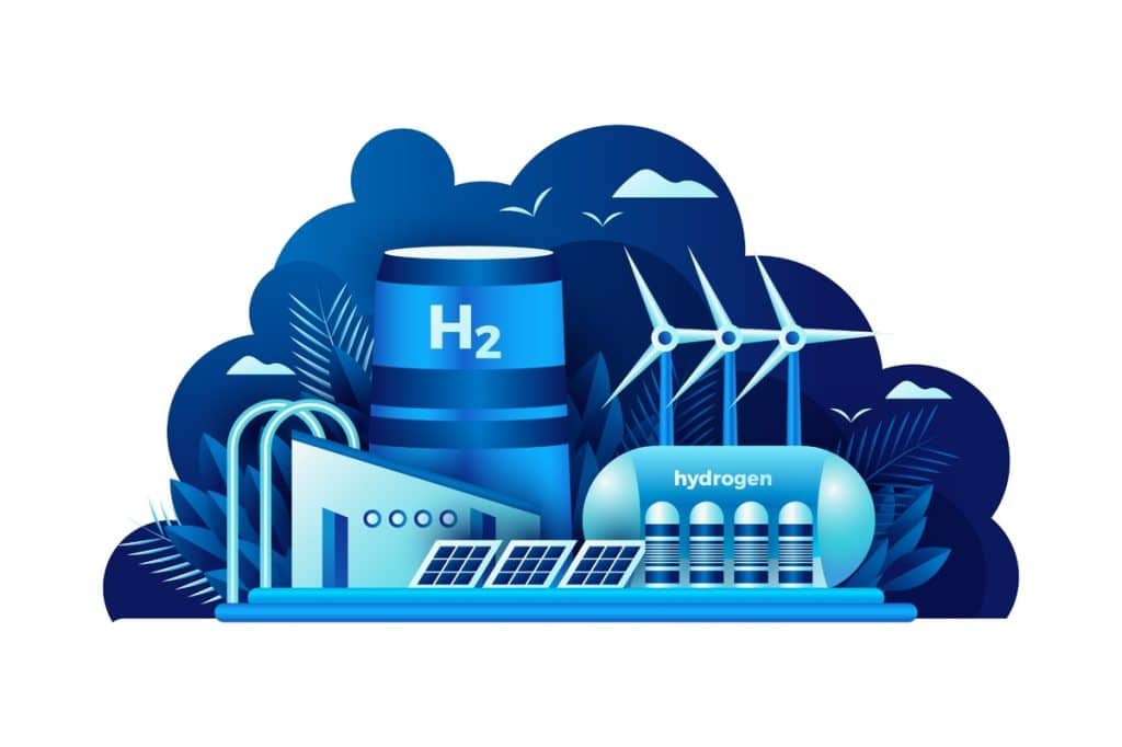 Illustration einer Wasserstoffproduktionsanlage mit Tanks, Rohren, Solarpaneelen und Windturbinen im Hintergrund. Das große H₂-Symbol steht für Wasserstoffenergie, während die blaue Farbpalette Nachhaltigkeit und saubere Energie symbolisiert. Die Szene vermittelt das Konzept einer umweltfreundlichen Energiezukunft durch grünen Wasserstoff.
