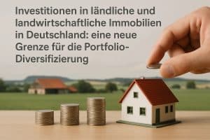 Ein Stapel aus mehreren Münzsäulen steht auf einem Holztisch vor einer ländlichen Landschaft, während eine Hand eine einzelne Münze auf ein kleines Modellhaus legt. Daneben ist der Text ‚Investitionen in ländliche und landwirtschaftliche Immobilien in Deutschland: eine neue Grenze für die Portfolio-Diversifizierung‘ zu sehen. Die Szene vermittelt den Zusammenhang zwischen investitionen, Immobilienwerten und der wachsenden Bedeutung ländlicher Regionen für langfristige Anlagestrategien.