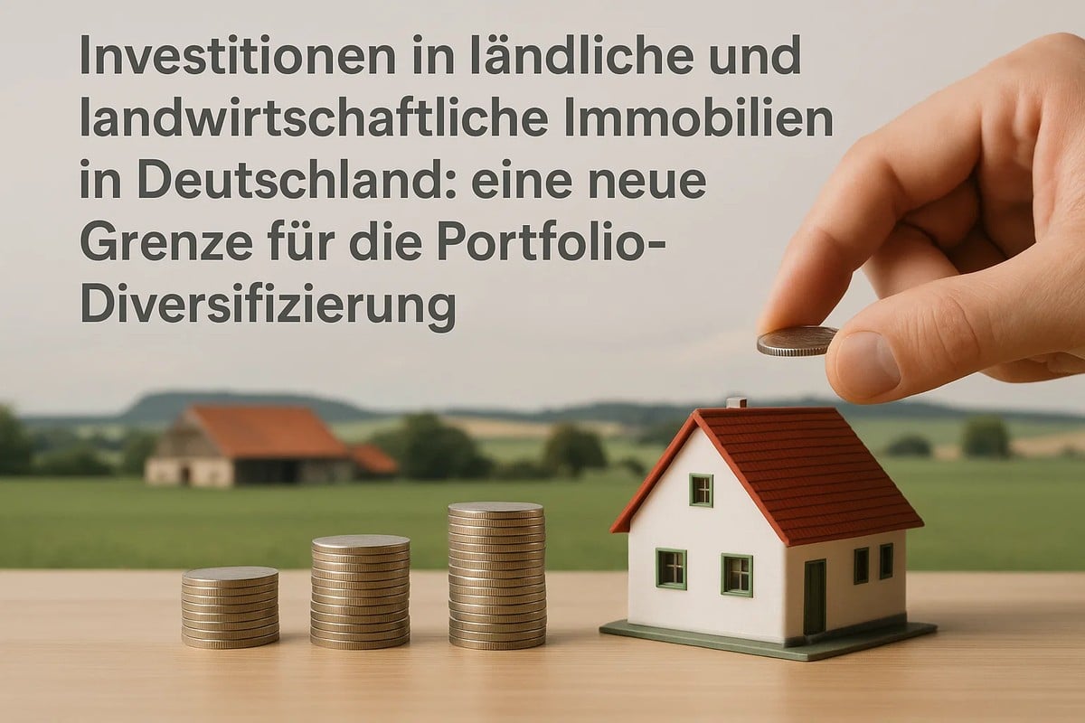 Ein Stapel aus mehreren Münzsäulen steht auf einem Holztisch vor einer ländlichen Landschaft, während eine Hand eine einzelne Münze auf ein kleines Modellhaus legt. Daneben ist der Text ‚Investitionen in ländliche und landwirtschaftliche Immobilien in Deutschland: eine neue Grenze für die Portfolio-Diversifizierung‘ zu sehen. Die Szene vermittelt den Zusammenhang zwischen investitionen, Immobilienwerten und der wachsenden Bedeutung ländlicher Regionen für langfristige Anlagestrategien.