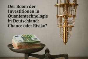 Ein Stapel von hundert Euro-Banknoten liegt auf einer alten Metallwaage, während rechts ein komplexer, goldfarbener Kryostat eines Quantencomputers hängt. Links im Bild steht der deutsche Titel über den Boom der Investitionen in Quantentechnologie. Die Szene symbolisiert das Gleichgewicht zwischen finanziellen Chancen und Risiken, die mit wachsenden Investitionen in die Quantenforschung in Deutschland verbunden sind.