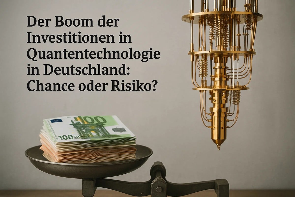 Ein Stapel von hundert Euro-Banknoten liegt auf einer alten Metallwaage, während rechts ein komplexer, goldfarbener Kryostat eines Quantencomputers hängt. Links im Bild steht der deutsche Titel über den Boom der Investitionen in Quantentechnologie. Die Szene symbolisiert das Gleichgewicht zwischen finanziellen Chancen und Risiken, die mit wachsenden Investitionen in die Quantenforschung in Deutschland verbunden sind.