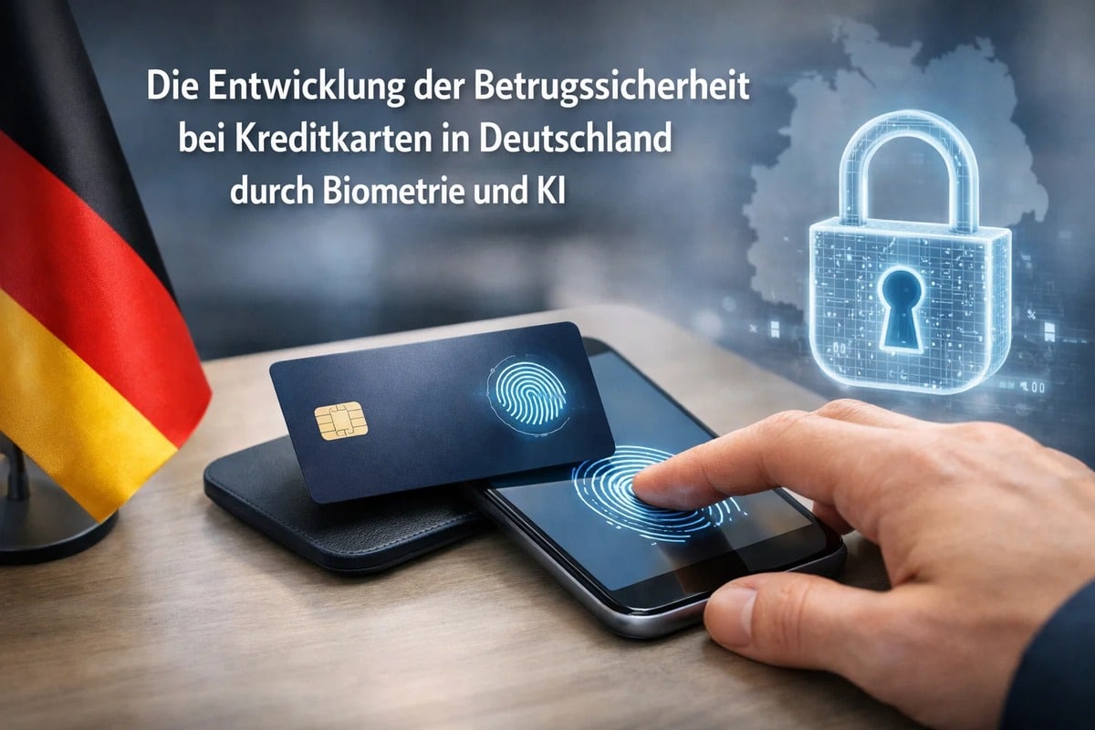 Hand, die einen biometrischen Fingerabdruck auf einem Smartphone scannt, neben einer modernen Kreditkarte, einem digitalen Sicherheitsschloss und der deutschen Flagge, die die Entwicklung der Betrugssicherheit bei der Kreditkarte in Deutschland durch Biometrie und künstliche Intelligenz veranschaulicht.