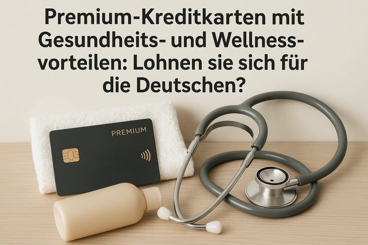 Eine schwarze Premium-kreditkarte liegt auf einem weißen Handtuch neben einer kleinen Lotionflasche, während ein Stethoskop auf dem Holztisch arrangiert ist. Darüber steht der Titel über Gesundheits- und Wellnessvorteile von Premium-Karten für deutsche Verbraucher. Die Szene vermittelt den Zusammenhang zwischen medizinischen Leistungen, Wohlbefinden und den exklusiven Angeboten, die eine kreditkarte im Premiumsegment bieten kann.