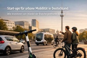 Urbane Verkehrsszene in einer deutschen Großstadt mit E-Scooter, Fahrrädern, Elektrobus und moderner Architektur, die Start-ups für urbane Mobilität in Deutschland zeigt und verdeutlicht, wie Investitionen in nachhaltige Verkehrslösungen neue Chancen für Investitionen im urbanen Raum schaffen.